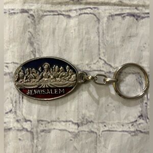 JERUSALEM LAST SUPPER SILVER TONE NAVY/BURGUNDY PEWTER LIKE KEY RING
